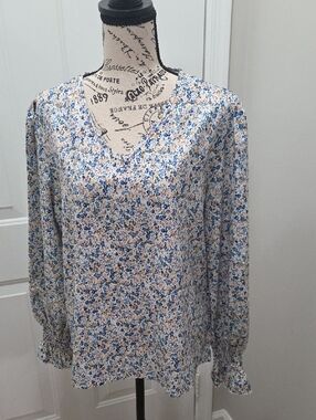XL Floral V-Neck Long Sleeve Blouse - Blue & Cream